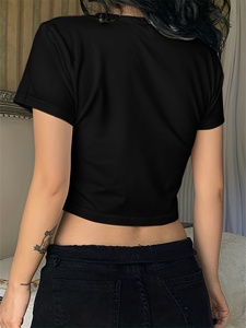 Gothic <b>Red</b> Butterfly Print Women's <b>Crop</b> <b>Top</b> Short Sleeve Slim Fit Crew Neck Black T-Shirt Spring Summer Jersey Cotton - Product Image 5