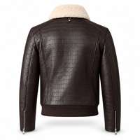 Veste en cuir véritable marron foncé pour homme, motif croco gaufré, col en sherpa, multi-poches, fermeture éclair intégrale, mode hiver, style motard