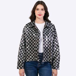 <b>Sequined</b> Check <b>Plus</b> <b>Size</b> Women’s Custom Plaid Crop Winter <b>Jacket</b> Manufacturer Cropped Fashion Outerwear for Women - Product Image 1