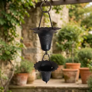 Chaîne de pluie décorative en aluminium noir martelé pour gouttière de jardin et drainage de l'eau - Product Image 5