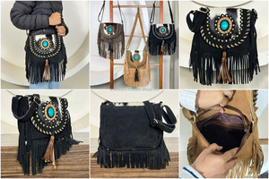 Nuevo estilo occidental pelo en cuero de vaca gamuza bolso con flecos de cuero genuino bolsos de hombro bohemios de alta calidad para mujer con piedra turquesa - Product Image 3