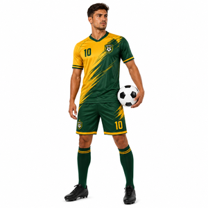 Ensemble de maillots de football personnalisés par sublimation, maillot d'équipe pour hommes, short, col en V, poches latérales en mesh, vert or, vêtements de sport à séchage rapide - Product Image 4