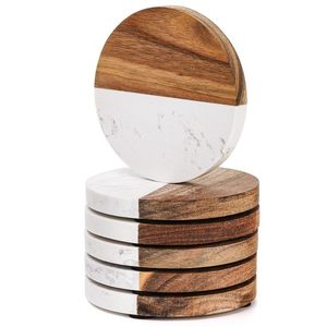 Ensemble de sous-verres ronds en marbre blanc naturel de qualité supérieure avec supports en bois pour la maison (vente en gros) - Product Image 3