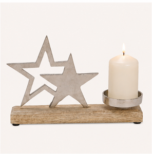 Handmade Christmas Aluminum Double Star Candle Holder With Mango Wood Base Elegant Silver Metal <b>Tea</b> Light <b>Stand</b> Centerpiece - Product Image 5