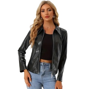 Venta al por mayor chaqueta de cuero sólido Casual Zip Front manga larga chaqueta de cuero PU Moto chaqueta con cremallera para las mujeres - Product Image 1
