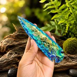 Figura Coleccionable de Arte Popular Tallada a Mano con Cristal de Obsidiana Azul Agua y Punta de Flecha con Aura de Ángel, Venta al Por Mayor - Product Image 1