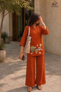 Ensemble Kurta en coton orange pour femme avec broderie montgolfière, tenue décontractée printemps-été pour le quotidien - Product Image 3