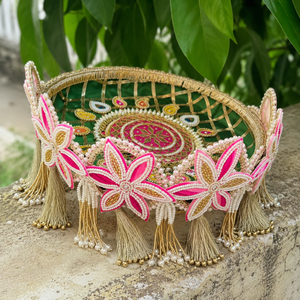 Handmade Decorative <b>Wedding</b> Basket With Pearl Bead Tassel Floral Design Green Gold Festive Gift Tray Decor - Product Image 5