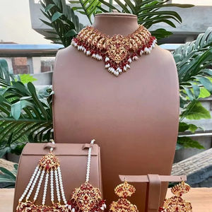 Modern Afghan Gold Chain <b>Necklace</b> Featuring Emerald Green And <b>Ruby</b> Red Rectangular Crystals In A Floral White - Product Image 1