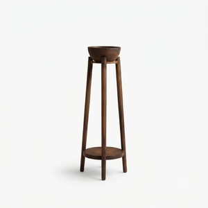 Brûleur à Bakhoor élégant en bois avec un support haut et une étagère inférieure, présentant un bol à encens minimaliste de forme ronde pour la décoration intérieure. - Product Image 2