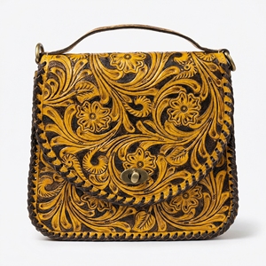 Bolso de Hombro de Cuero Genuino 100% para Mujer, Ligero, Amarillo y Negro, con Bordado Floral Tallado a Mano - Product Image 1