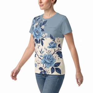 T-shirt à sublimation florale pour femme, haute qualité, personnalisé, imprimé, motif floral, manches courtes, décontracté, vente en gros - Product Image 4
