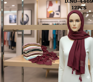 Collection de hijabs en polyester/lin texturé marron de qualité supérieure - Ensemble de 12 pièces avec broderie dorée complexe et détails en pompons - Product Image 1