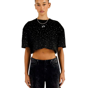 Camisa Corta de Mujer Personalizada con Pedrería de Lujo, Estilo Holgado, Moda Urbana, Manga Corta - Product Image 6