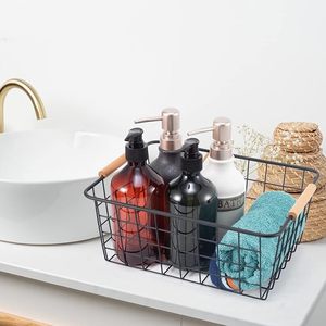 Panier de rangement en fil métallique avec poignée en bois, organisateur portable en métal pour le bureau, la salle d'étude, la cuisine, les collations, les fruits et les légumes - Product Image 2