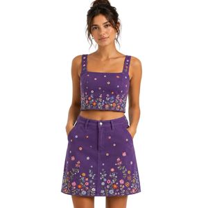 Conjunto de Top Corto y Falda Bordados en Color Morado Real para Mujer, Diseño Floral de Verano, Dos Piezas, Logotipo Personalizado, Ropa al Por Mayor - Product Image 1