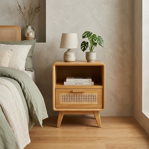 Table de chevet Enzo modèle KAG CAB05, design moderne élégant, bois de teck luxueux, texture en rotin, avec un rangement élégant, 1 tiroir - Product Image 6