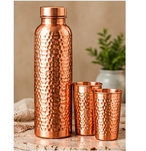 Traditional Hammered Copper <b>Water</b> <b>Bottle</b> with Lid and 2 Cups Eco Friendly <b>Metal</b> Drinkware Set - Product Image 1