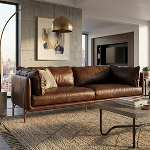 Sofá Contemporáneo de 3 Plazas en Cuero Genuino Marrón con Base de Madera Sólida, Cómodo y Moderno para Sala de Estar, Oficina u Hotel - Product Image 1