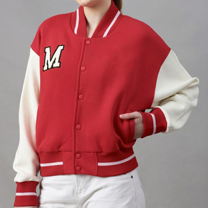 Women's Red Varsity <b>Jacket</b> Full Sleeve Button Closure Contrast Rib Trim Embroidered Letter M Logo Autumn Regular Fit Outerwear - Product Image 1