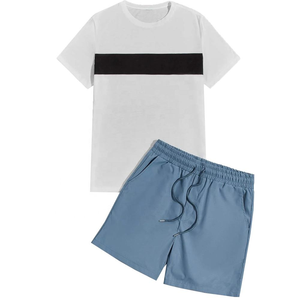 Ensemble T-shirt et short décontracté pour homme, été, blanc, en coton tricoté, col rond, couleur unie, short beige, taille élastique, avec poches - Product Image 5