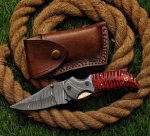 Cuchillo Plegable de Damasco Forjado a Mano Personalizado con Empuñadura de Madera Exótica con Mosaico - Bolster de Damasco, Arte Exquisito - Product Image 4