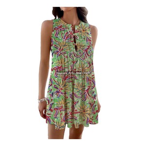 Cotton Block Print For Women Printed Short <b>Dress</b> Sleeveless <b>Top</b> Regular Fit For Casual Or Office Formal Wear - Product Image 3