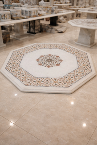 Mesa de Mármol Blanco Semiprecioso, Duradera y Decorativa, Tapa de Mesa Octogonal con Incrustaciones de Mármol Blanco Makrana de la India - Product Image 4