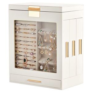 Elegante Portagioie Bianco a 4 Cassetti con Fronte Trasparente e Interno in Velluto Rosa, Armadietto per Accessori e Organizzatori - Product Image 2