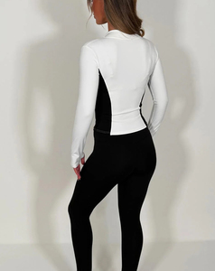 Ensemble de yoga 2 pièces pour femme, couleur contrastée, avec fermeture éclair sur le devant, leggings taille haute, en spandex et polyester, anti-transpiration - Product Image 3