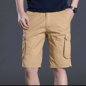 Men's Khaki Cargo Shorts Mid Waist Button Fly Solid Color Casual Bermuda Style With Multiple Pockets Canvas Fabric - Product Image 2