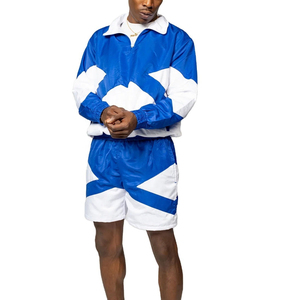 Men's Blue White Color Blocked Windbreaker Set Satin Track Suit Street Style Plus Size Summer Wear - Product Image 1