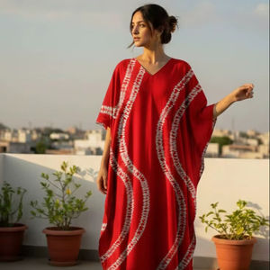 Vestido Maxi Kaftan Bohemio de Alta Calidad, Ecológico, 100% Algodón, con Encaje, Tie Dye, Cintura Elástica, Mangas Dolman, Lavable - Product Image 1