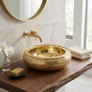 Lavabo Ovalado de Latón con Acabado Dorado, Lavabo de Lujo Premium para Baño, Lavabo de Encimera para Hotel, Villa, Interior, Decoración Artística Premium - Product Image 2