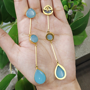 Natural blue chalcedony dangle drop <b>earring</b> brass metal 18k gold plating long hanging dangle <b>earring</b> for women - Product Image 2