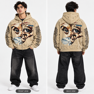 Sweat-shirt à capuche surdimensionné beige personnalisé pour homme, avec fermeture éclair, imprimé graphique vintage, style streetwear décontracté - Product Image 2
