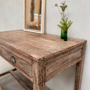 Vintage Whitewashed Teak <b>Dressing</b> <b>Table</b> Rustic <b>Wooden</b> Console Desk with Two Drawers Distressed Finish Antique Style - Product Image 2