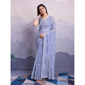 Sari de Moda con Bordado de Chifón y Lentejuelas con Blusa Sin Coser en Gris - Product Image 1