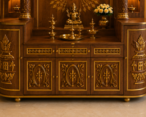Mandir en teck de qualité supérieure avec armoire de rangement, mandir en teck massif sur mesure, temple personnalisé avec aspect marbre - Product Image 5