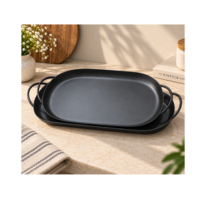 Ensemble de deux plateaux de service de tailles différentes en fer noir, plateau à chocolat, vaisselle, plateau de service alimentaire avec poignées en bois - Product Image 3