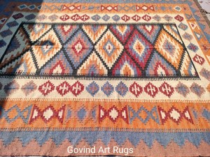 Tapis géométrique Kilim fait main, rectangulaire, en laine, à poils moyens, écologique, tufté à la main, pour salon, nettoyage localisé, Krafterscustom - Product Image 1