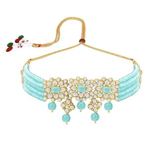 Conjunto de Collar y Pendientes de Cristal con Flores Chapadas en Oro, Joyería Vintage para Mujer, Aleación, Imitación de Perla, Azul Turquesa - Product Image 6