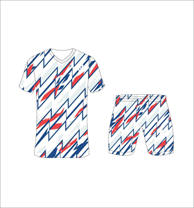 Custom sublimated soccer uniform set for men with white dark blue and red zig zag pattern print jersey and matching <b>shorts</b> - Product Image 2