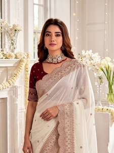 AARA Fashion Elegant Cream Silk <b>Saree</b> <b>Maroon</b> Blouse Traditional Wedding Wear Women India Pakistan Style Floor Length Regular Fit - Product Image 6