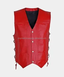 รถจักรยานยนต์Biker 10 กระเป๋าเสื้อกั๊กหนังCowhideจริงสีแดงขี่เสื้อกั๊กคุณภาพสูงพร้อมเสื้อกั๊กที่กําหนดเอง 2024 - Product Image 1