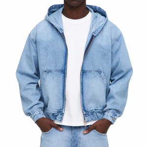 2026 <b>Men's</b> Oversized <b>Denim</b> <b>Hooded</b> Zip-Up <b>Jacket</b> Casual Solid Color Breathable Cotton Hoodie Autumn Wear - Product Image 1
