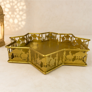 <b>Gold</b> Metal Ramadan <b>Serving</b> <b>Tray</b> Star Shaped Platter Mosque Cutout Design Eid Mubarak Plate for Dessert & Dates Affordable Price - Product Image 1