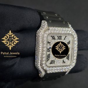 Montre de luxe Pahal Jewels avec diamants carrés, boîtier en acier inoxydable, bracelet en cuir, mouvement mécanique analogique, 40 mm, 20 mm, verre saphir - Product Image 4