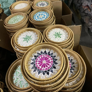 Decorative Rattan Tray for Living Room Coffee <b>Table</b> Rattan Tray with Shell Decor Multipurpose Inlaid Storage Tray Rattan - Product Image 1