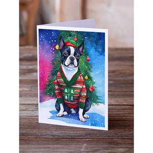 Whimsical Boston Terrier Tarjetas de felicitación de Navidad Paquete de 8 A7 Tamaño 5x7 Tarjetas de notas en blanco con sobres - Product Image 2
